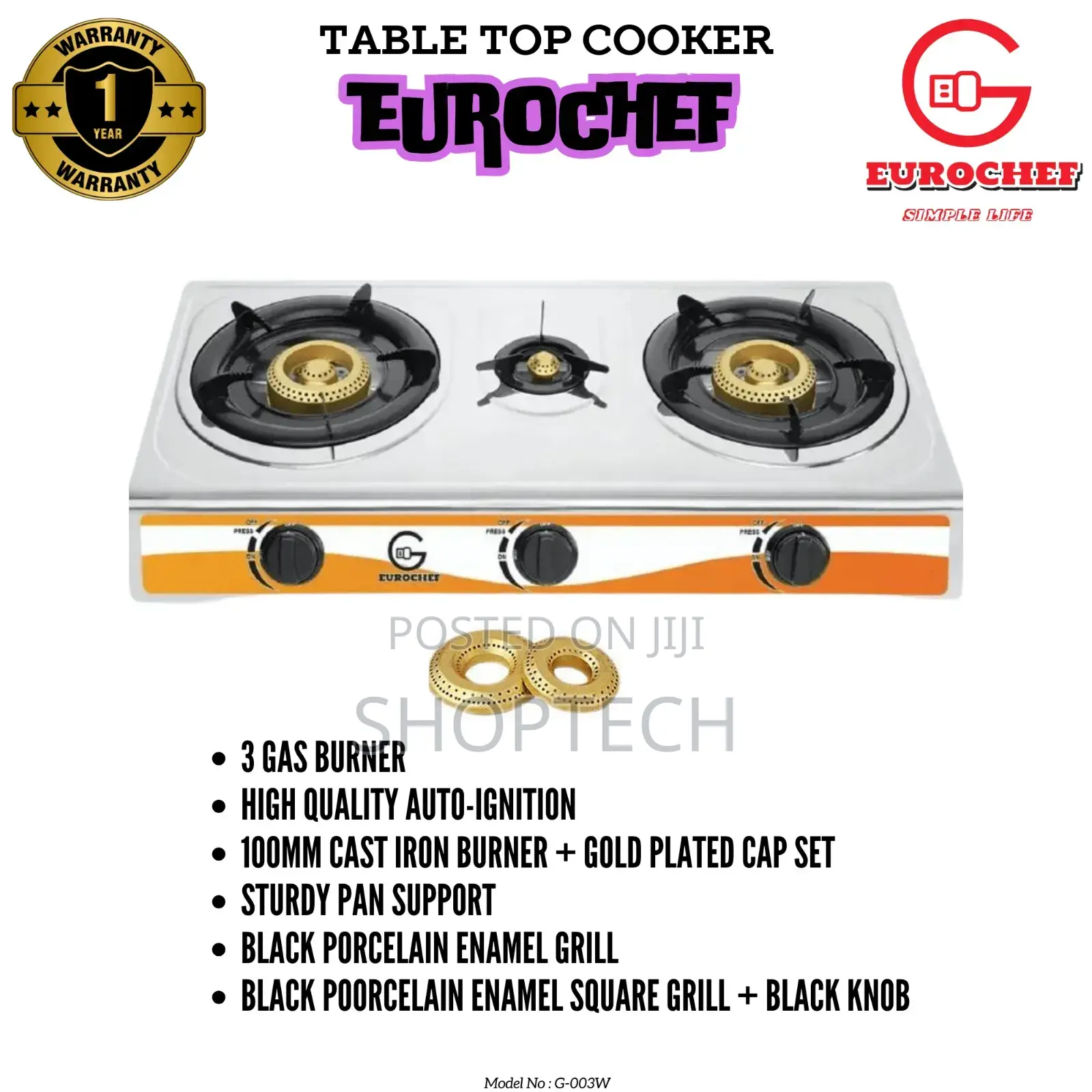 Eurochef 3 Burner Gas Cooker Table Top