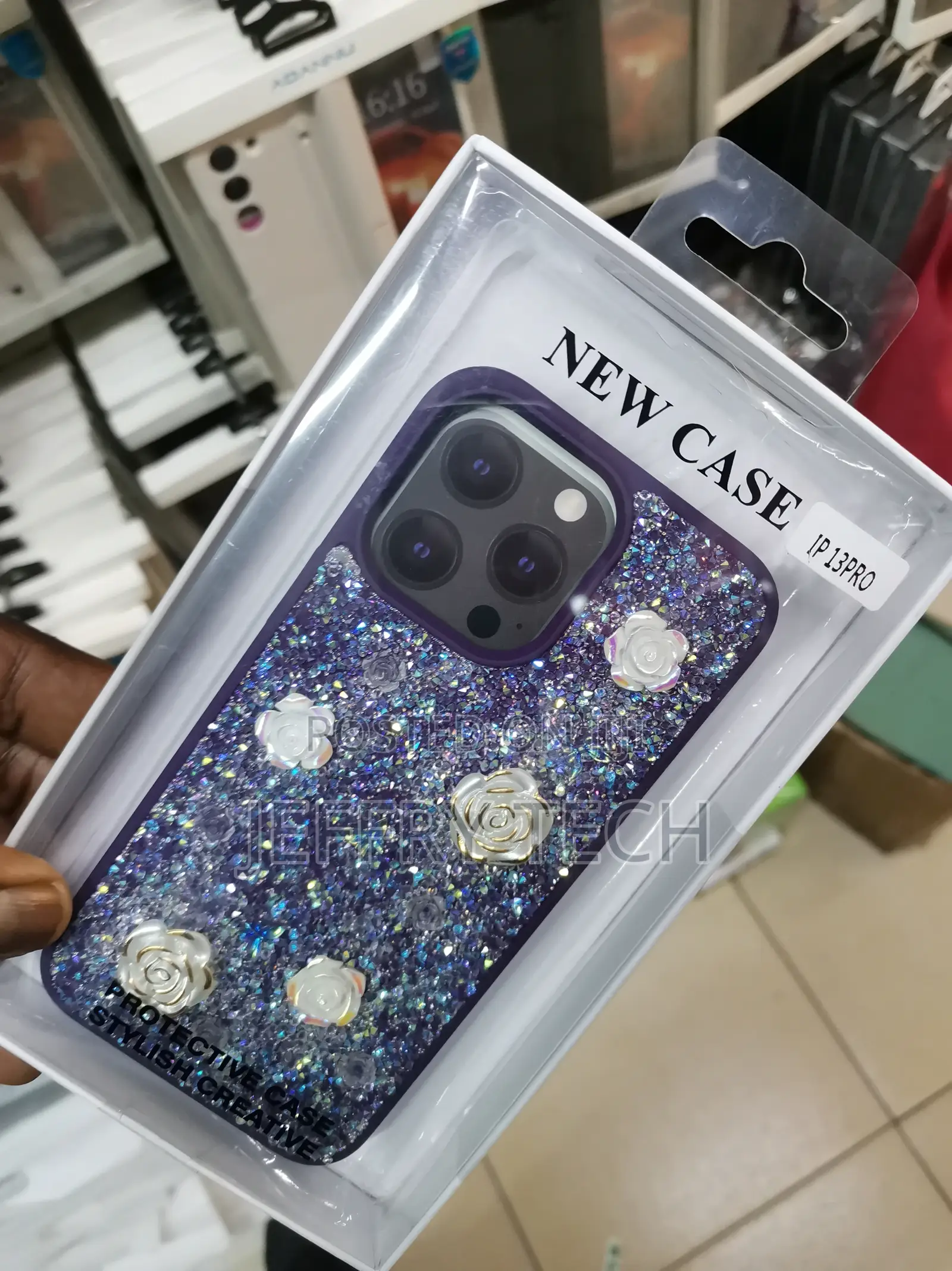 13 Pro Max Glitter Case With Flowers for Women Girls-Purple