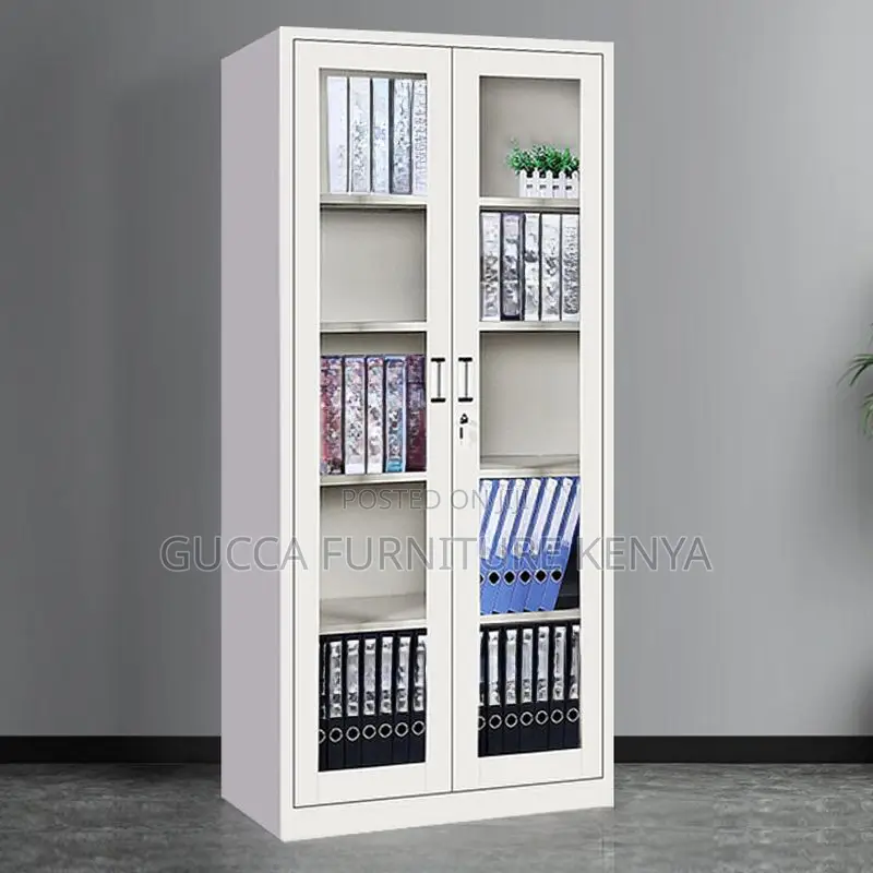 Cabinets:2-Full Glass Door Casual Steel Storage Cabinet