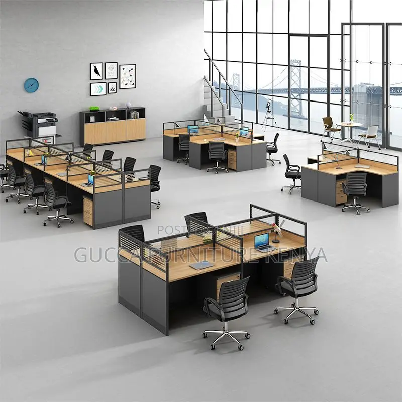Workstation:4-Way Curved Engineered Wood Workstation