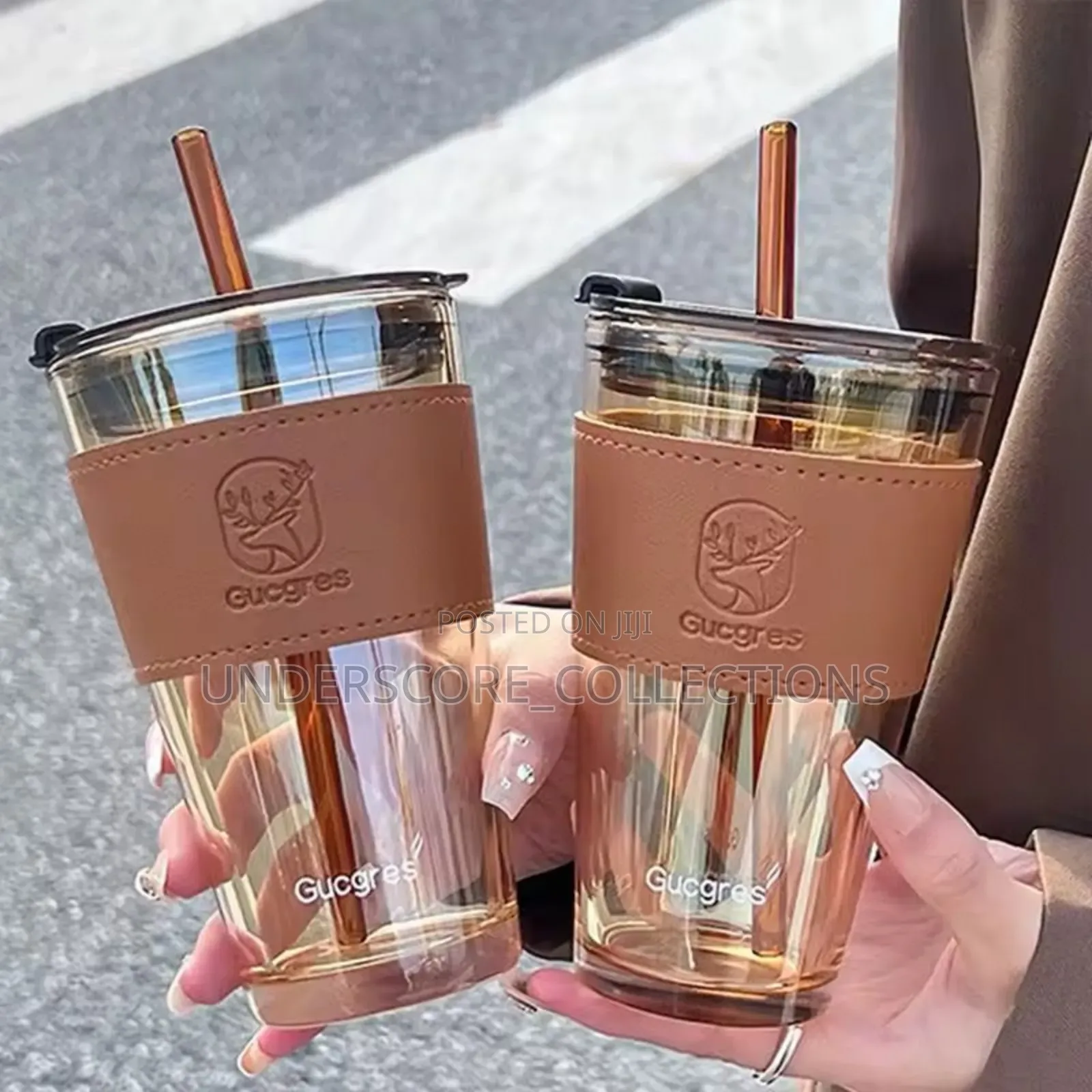 Glass Cups With Cover+Straw+Leather Sleeve and Reusable Boba