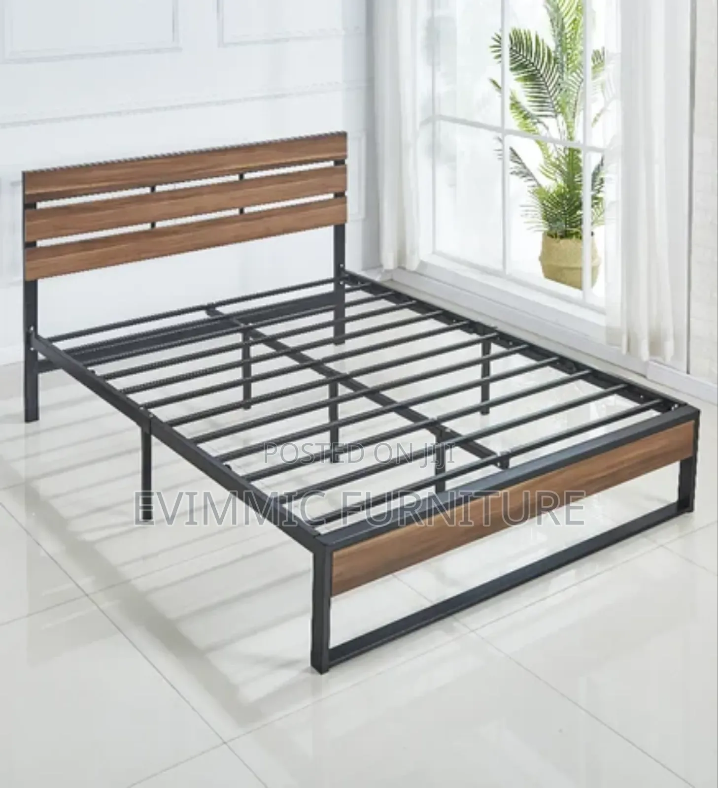 5x6 Ft Metal Bed With Embedded Panel Wooden Headboard