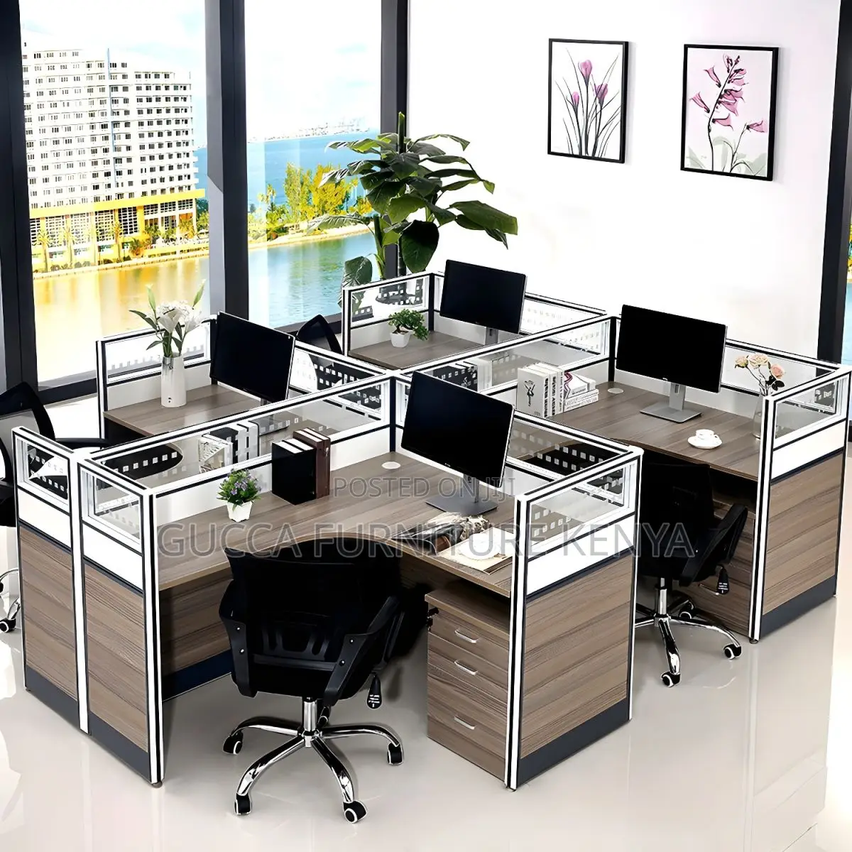 Workstation:4 Way Curved Modular Brown Wooden Workstation