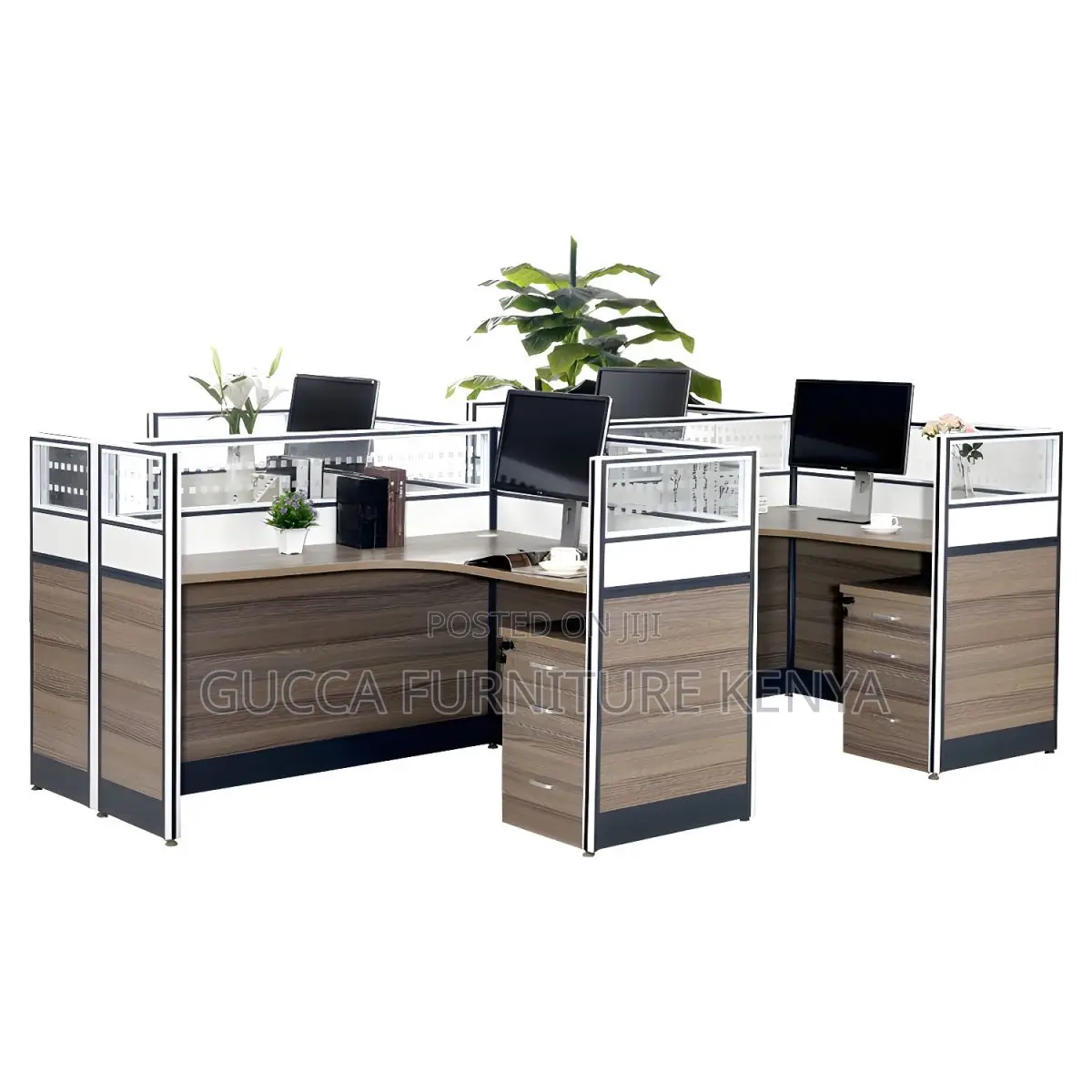 Workstation:4 Way Curved Modular Brown Wooden Workstation