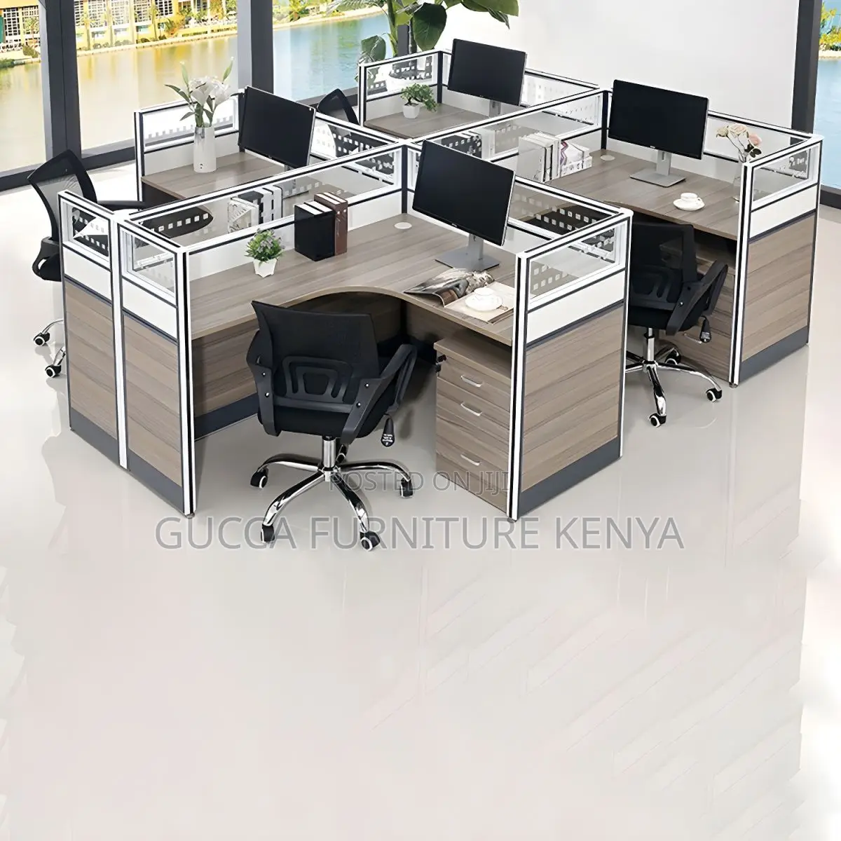 Workstation:4 Way Curved Modular Brown Wooden Workstation