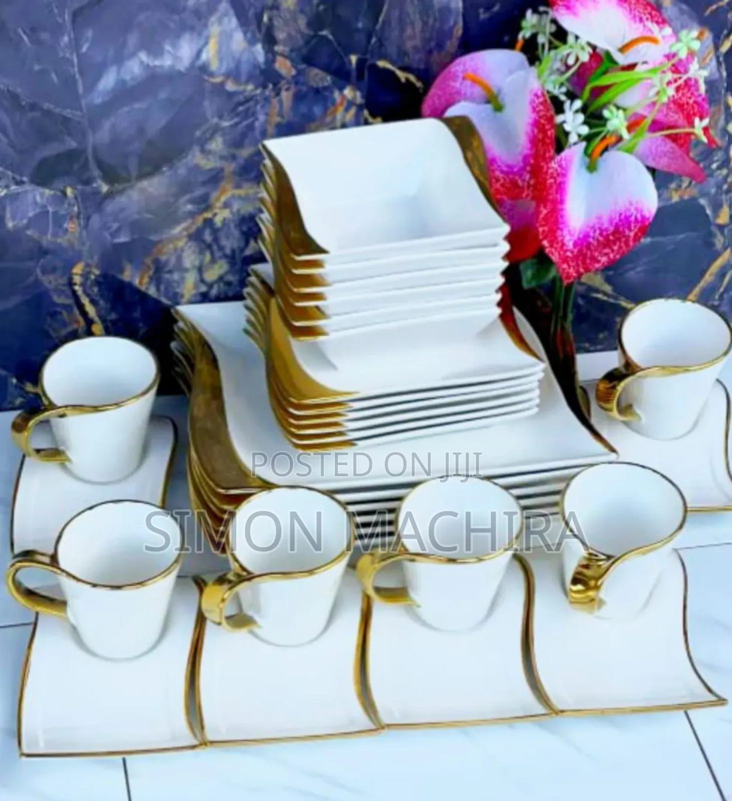 Ceramic 30 PCS Wavy Dinner With Gold Rim Set