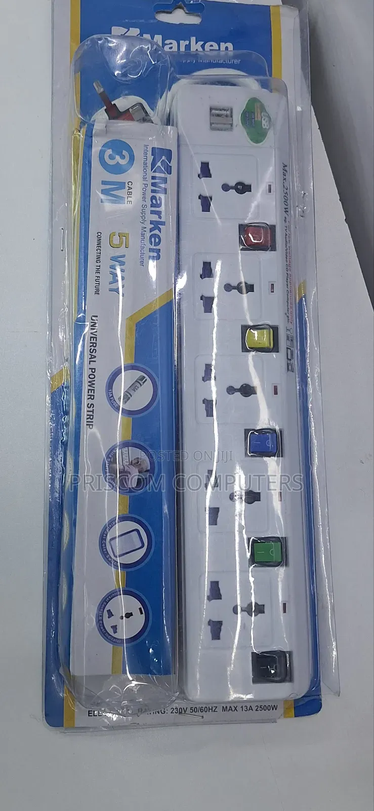 Marken Power Extension 5 Way 3M Length With 2 USB Port