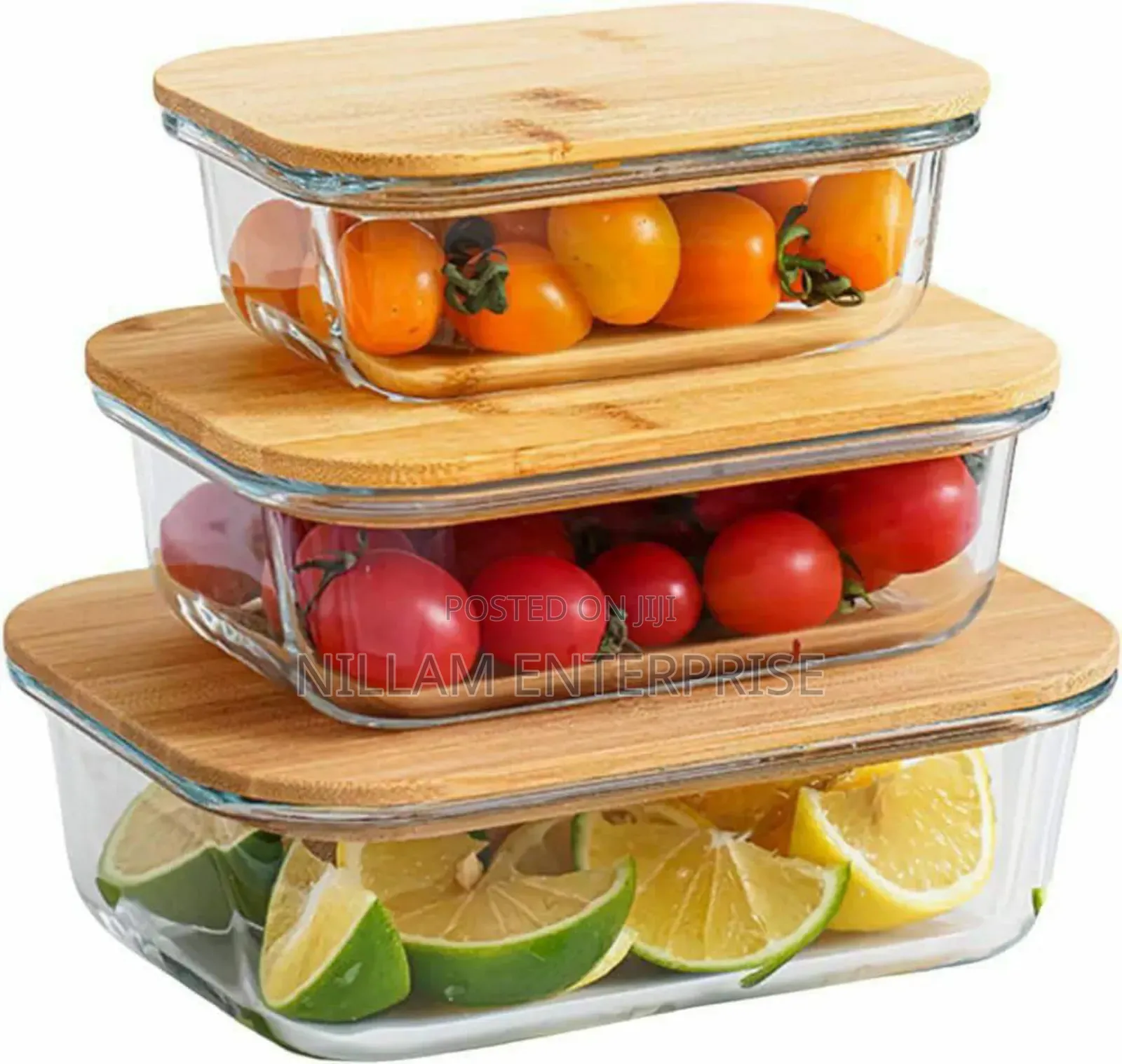 3pcs Glass Bowl Storage Containers With Bamboo Lid
