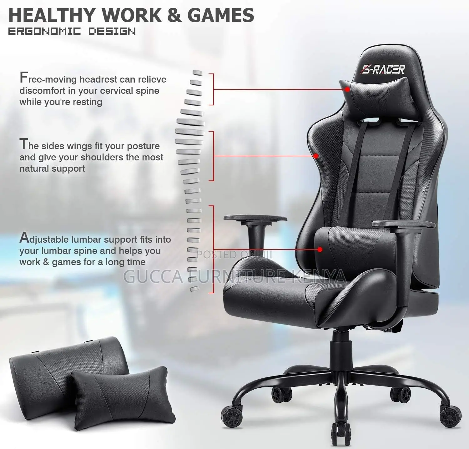 Office Chairs: Ergonomic High Back Leather Gamer Desk Chair