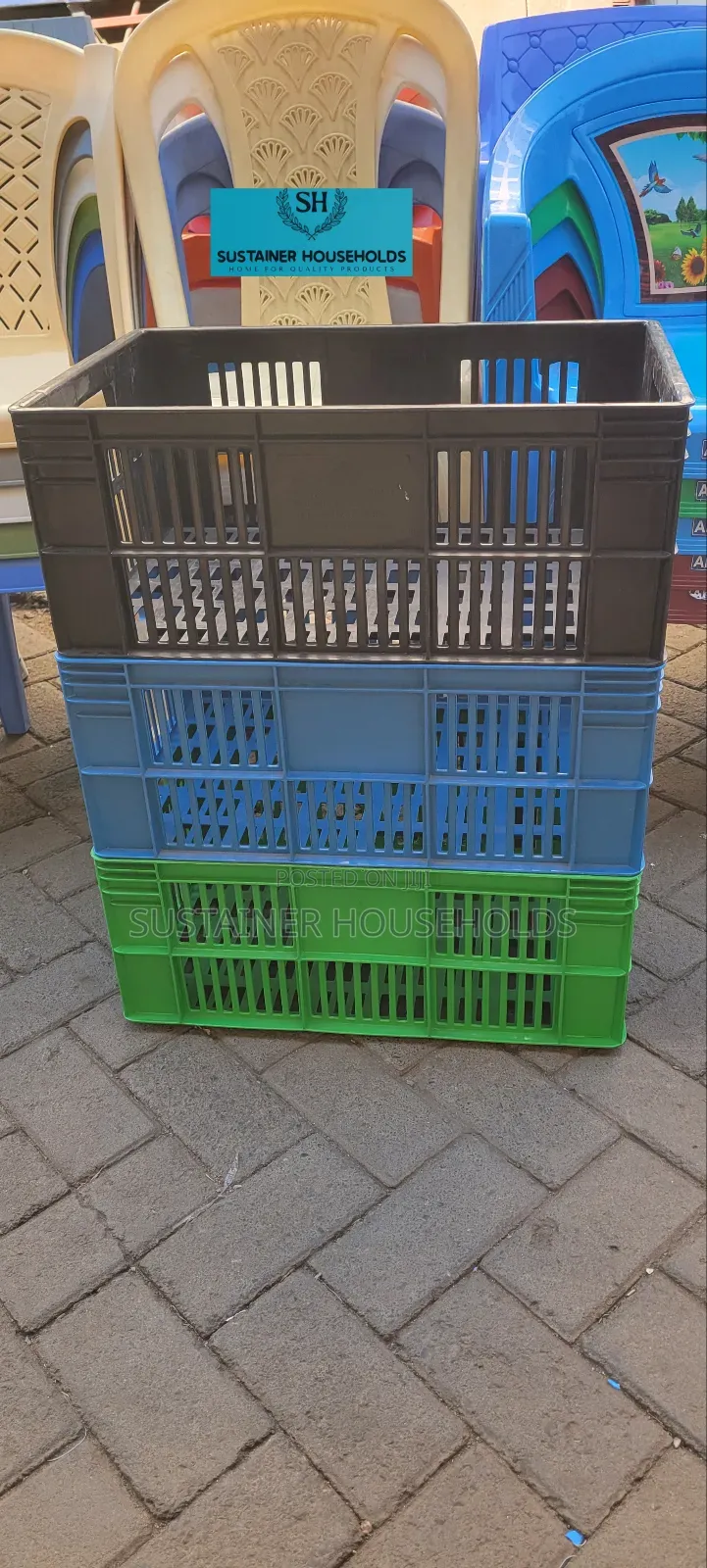 Blue, Black And Green Plastic Bread Crates
