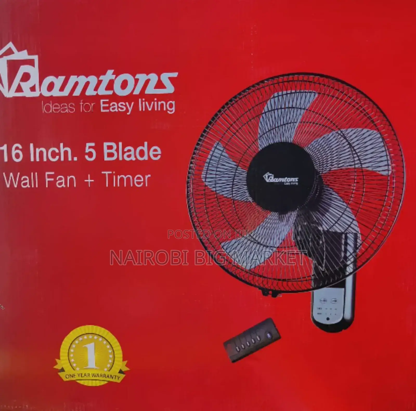 Black Ramtons 16 Inches Wall Fan 5 Blades With Remote RM/RF