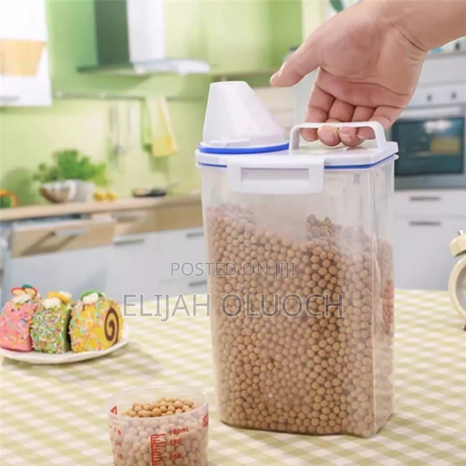 Cereal Storage Container With Measuring Cup and Handle