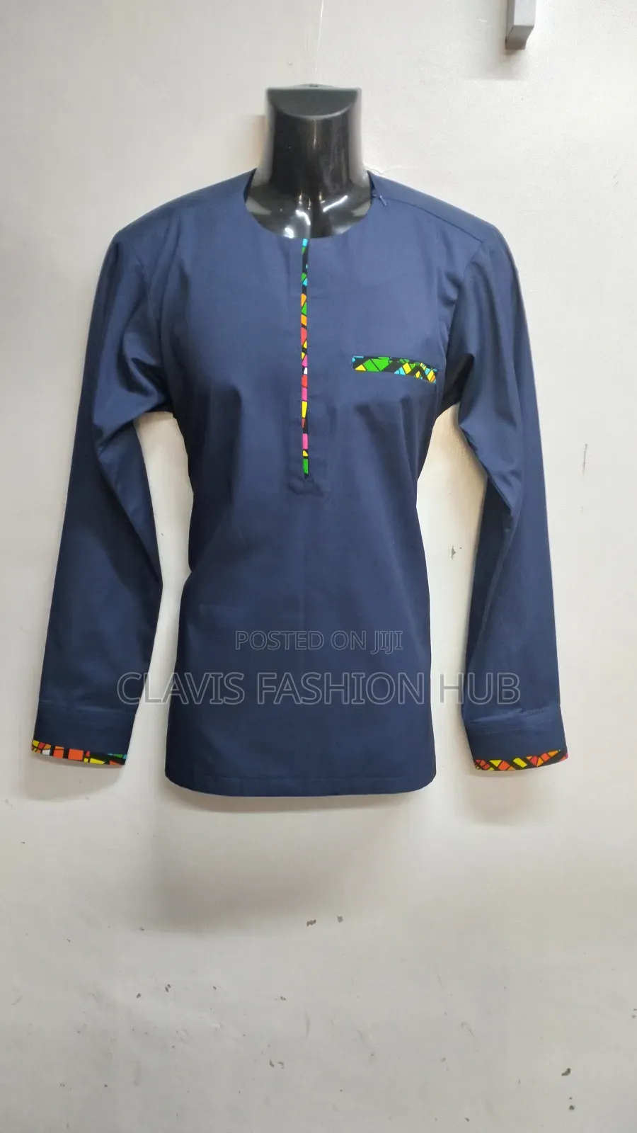 Navy Blue Shirt With Minimal Kitenge