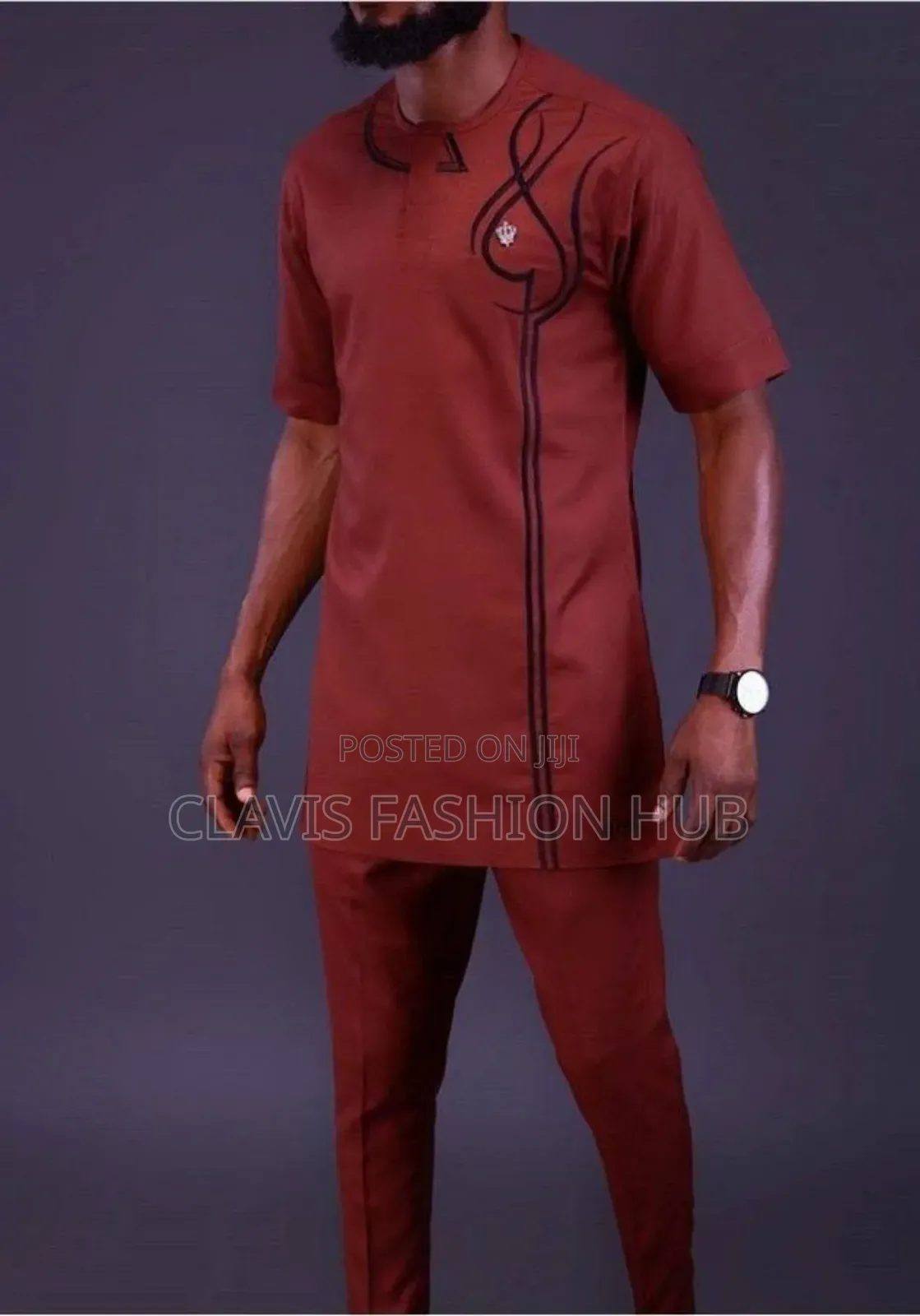 Maroon Plain African Senator Suits for Men