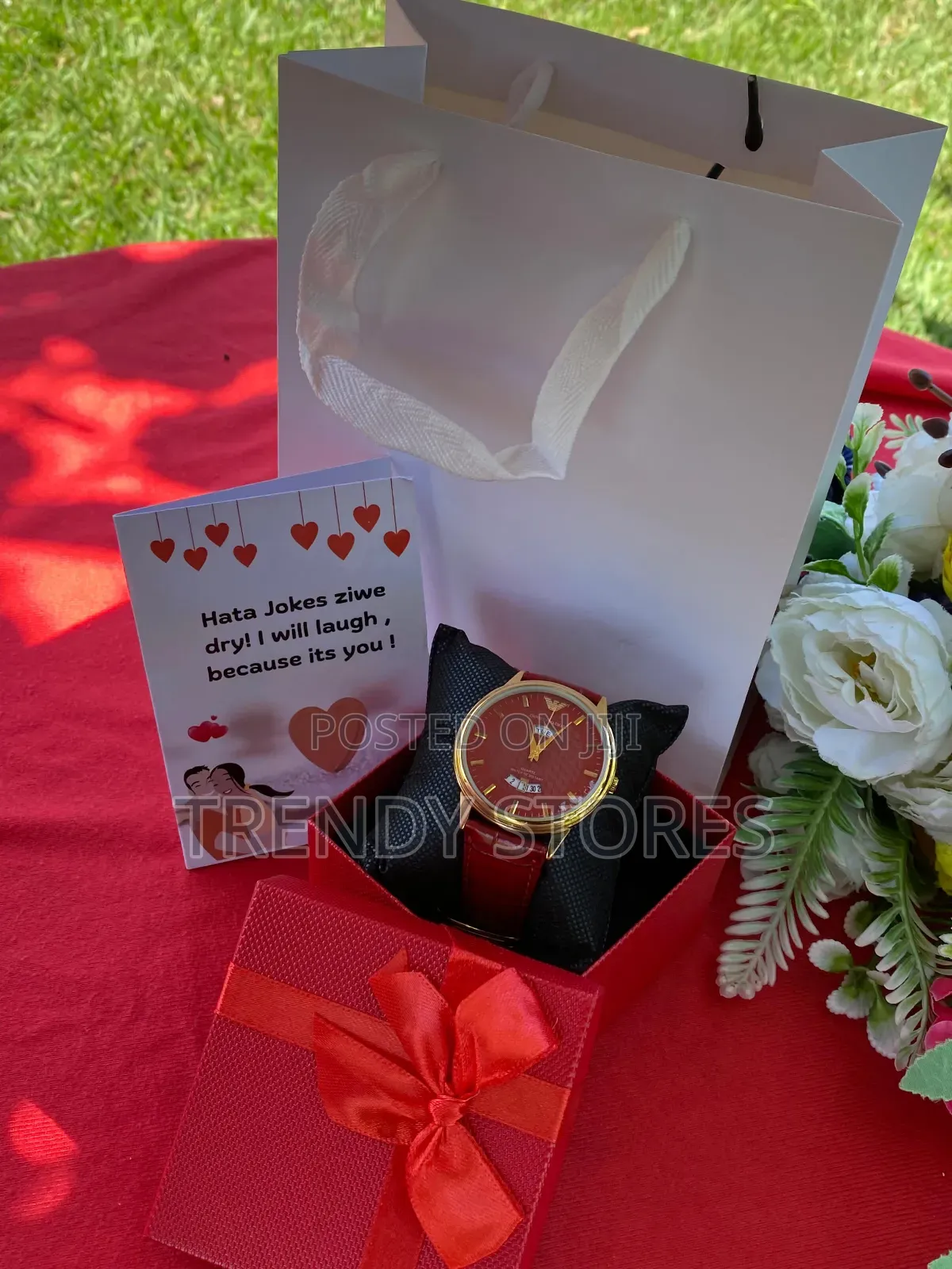 Red Leather Watch Men's Gift Set