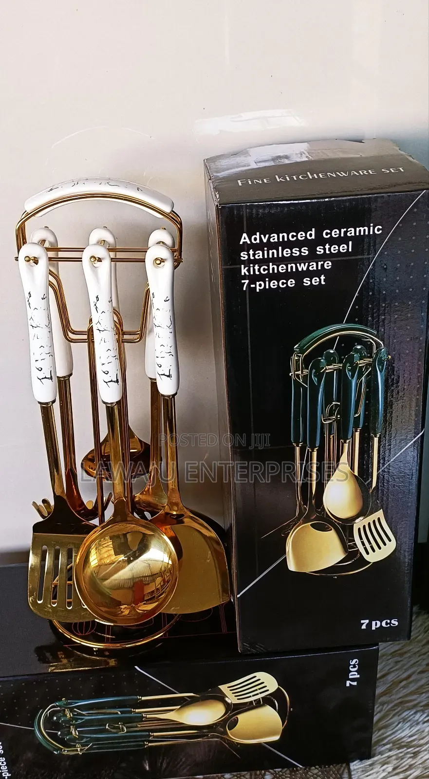7 PCS White Ceramic Stainless Steel Gold Kitchenware