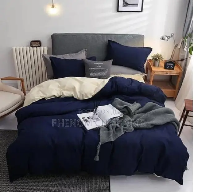 Plain Navy Blue Double Sided Cotton Duvet Cover Set