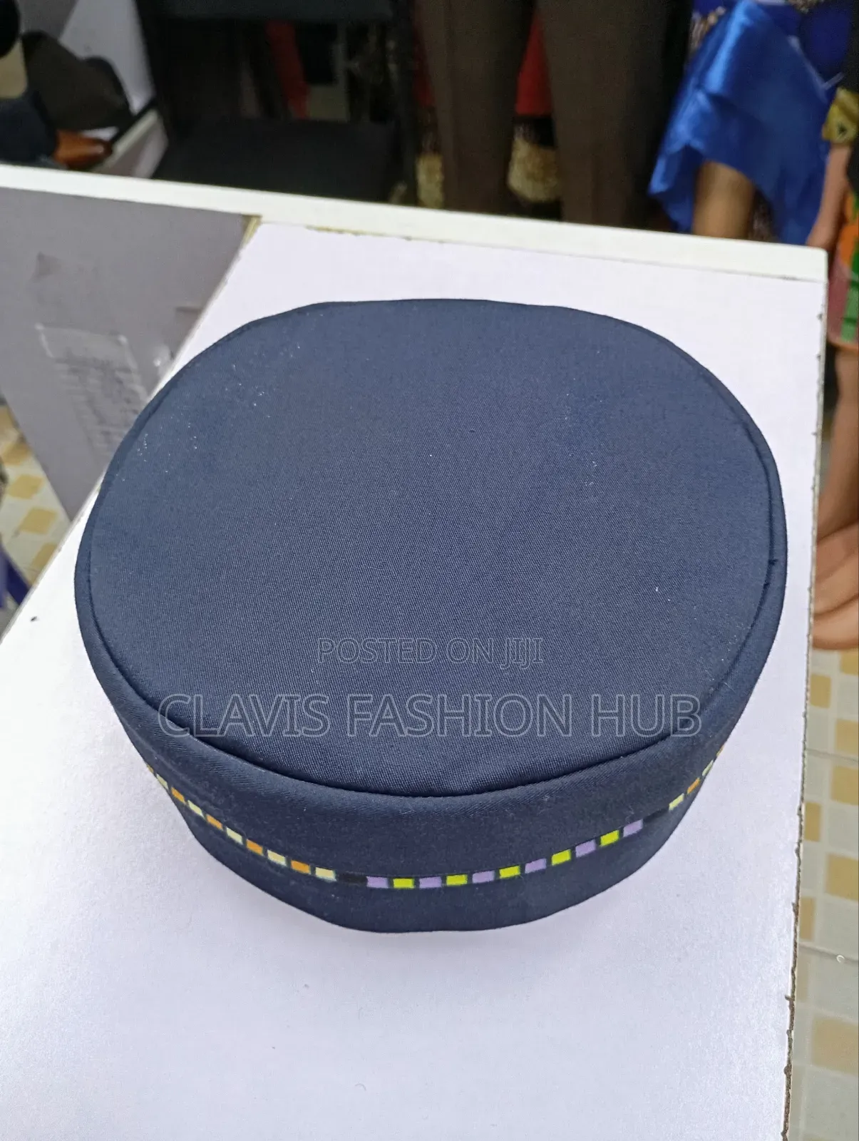 Navy Blue Round Cap With Ankara Decorations