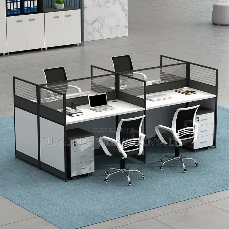 Office Workstations; 4-Way White Modular Office Workspace