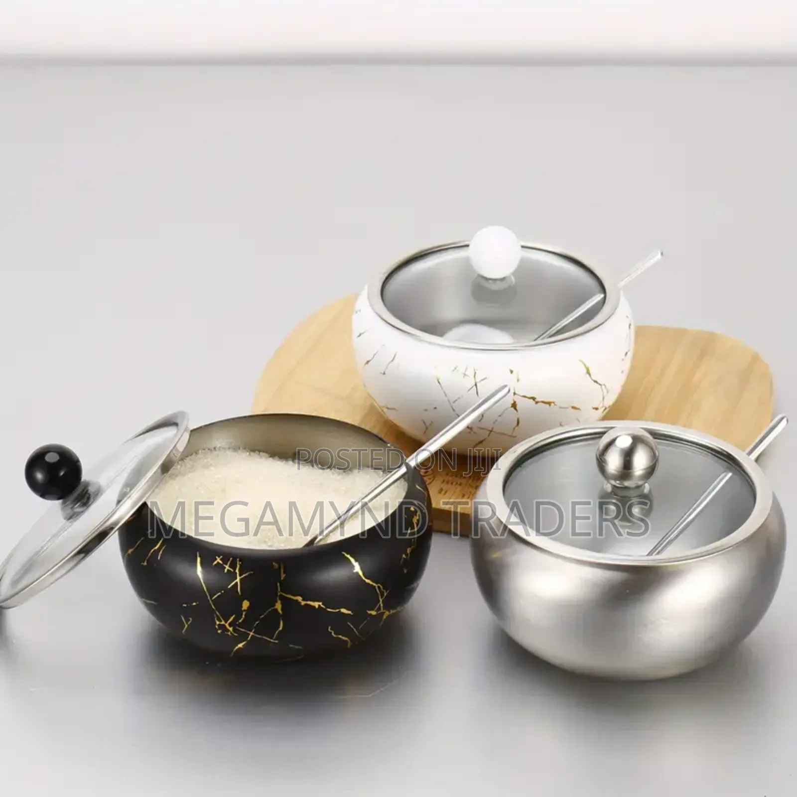 Stainless Steel Sugar Dish With Glass Lid and Spoon