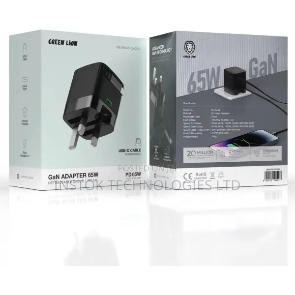 Green Lion Gan Adapter 65W With Retractable 70cm Cable
