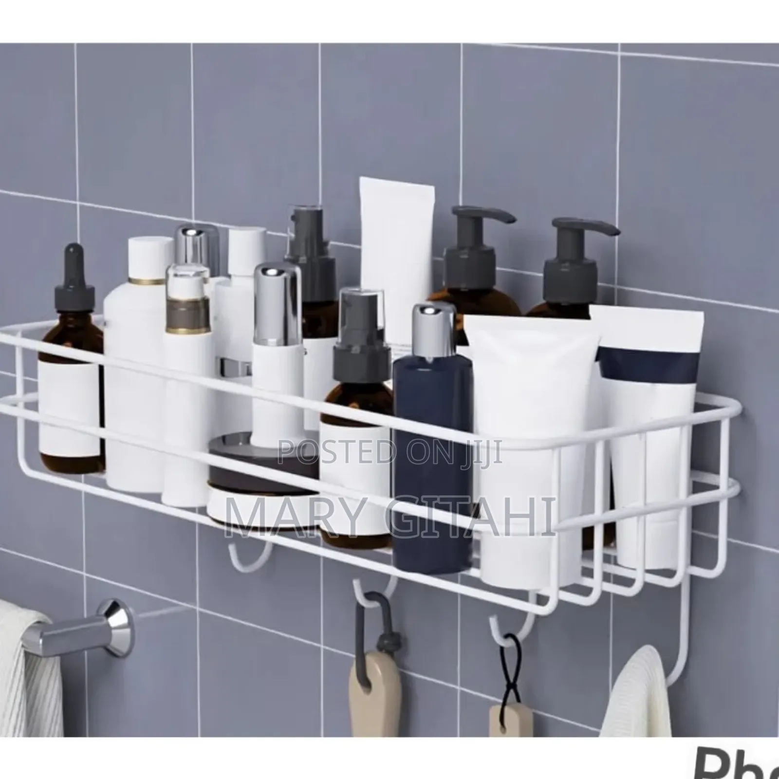 Metallic Bathroom Shelf With Hooks in Stock