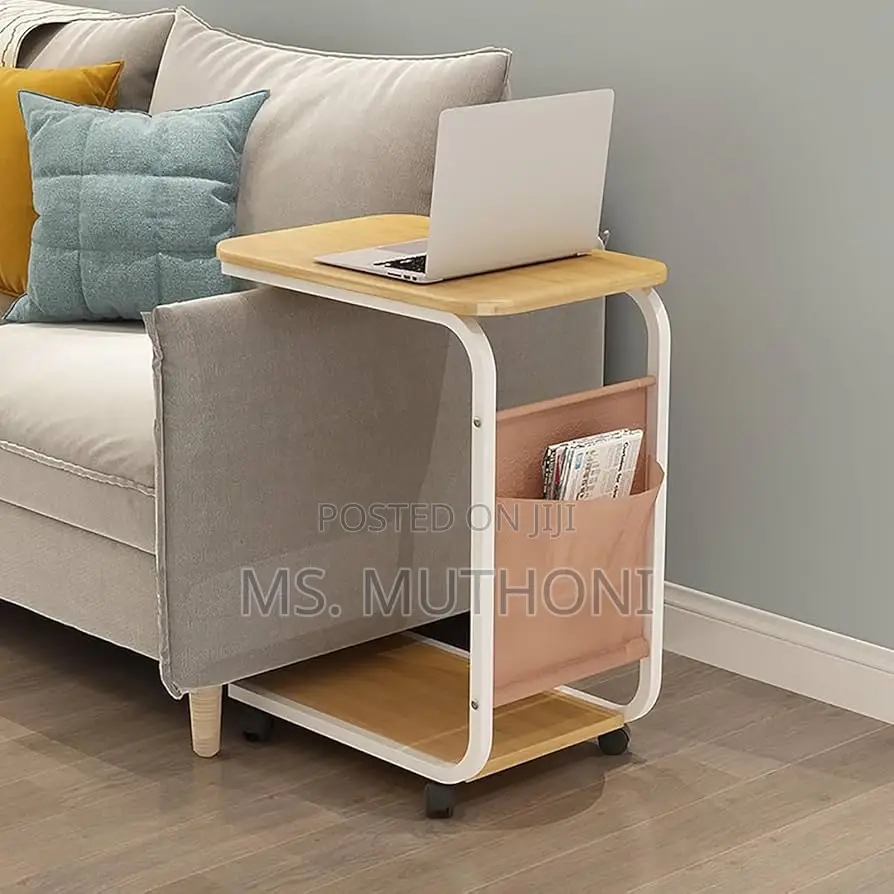 Beige 2 Layer Trolley Side Table With Matching Insert Pocket