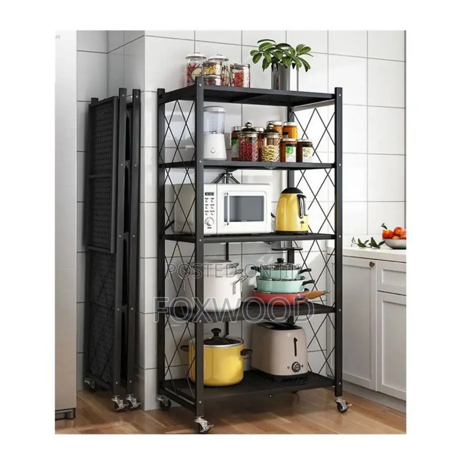 5-Tier Foldable Multipurpose Rack With Shelves Wheels