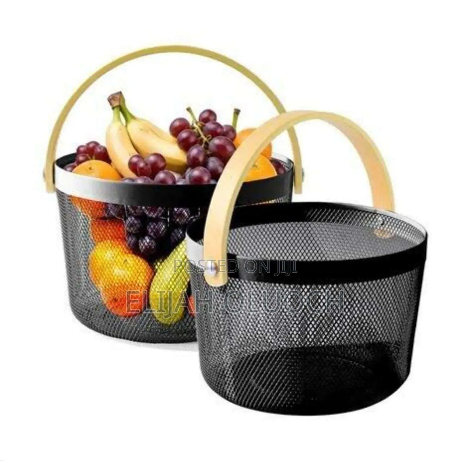 Round Pantry Mesh Wire Fruit Basket With Wooden Handle