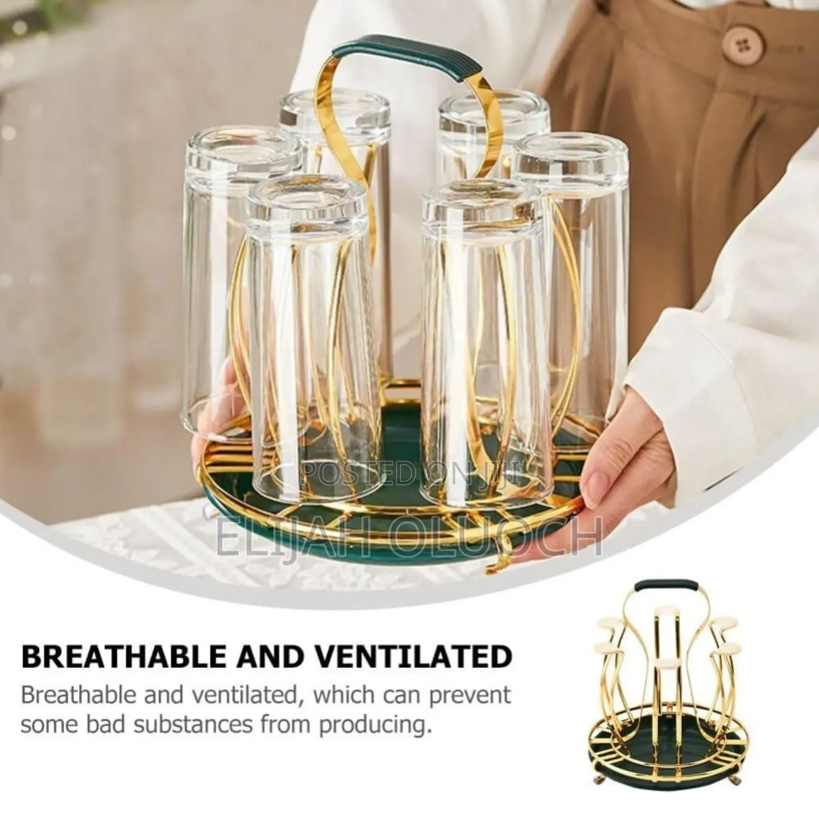 Rotating Golden Rack 6pc Tumbler Holder Plus Drain Tray