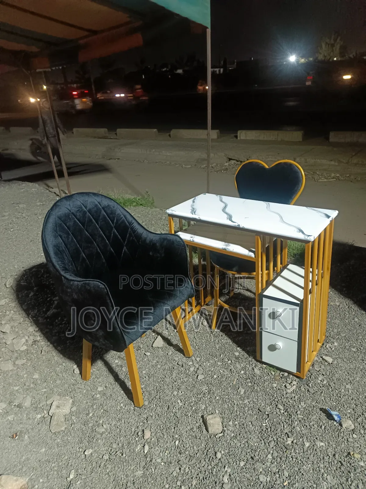 Manicure Set, Black Seats, Marble White Table, Black Gold 