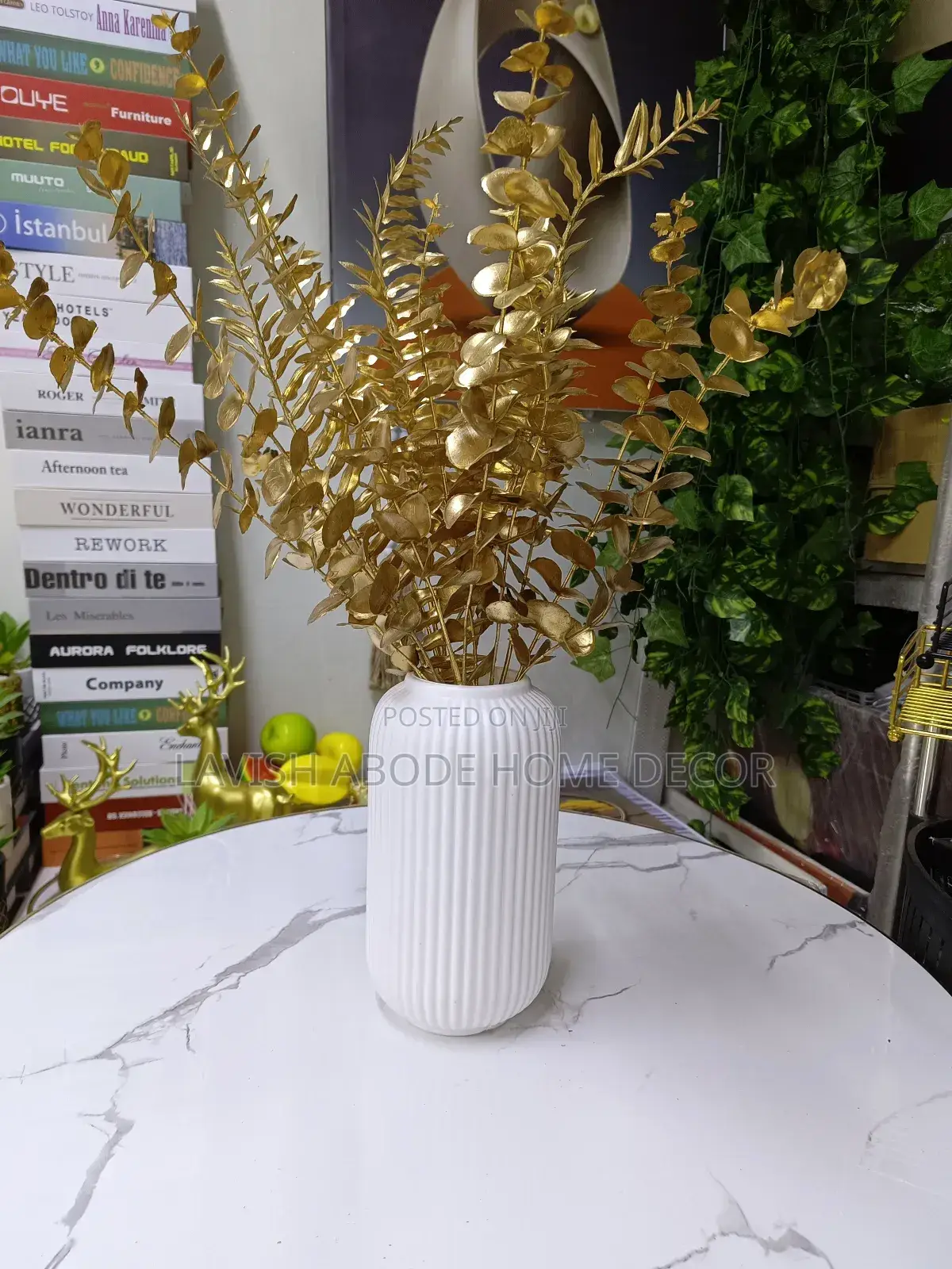 White Flower Vase With Gold Eucalyptus Flowers