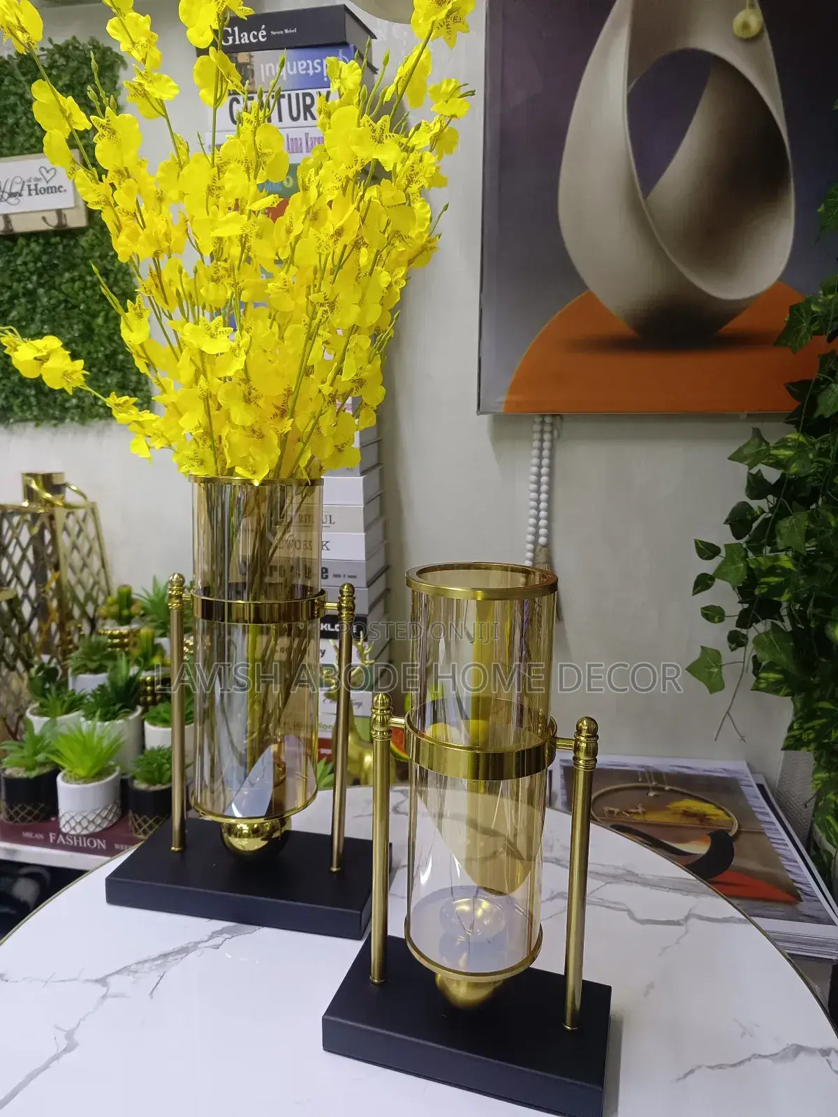 A Pair of Luxury Gold Glass Flower Vases/Candle Holder