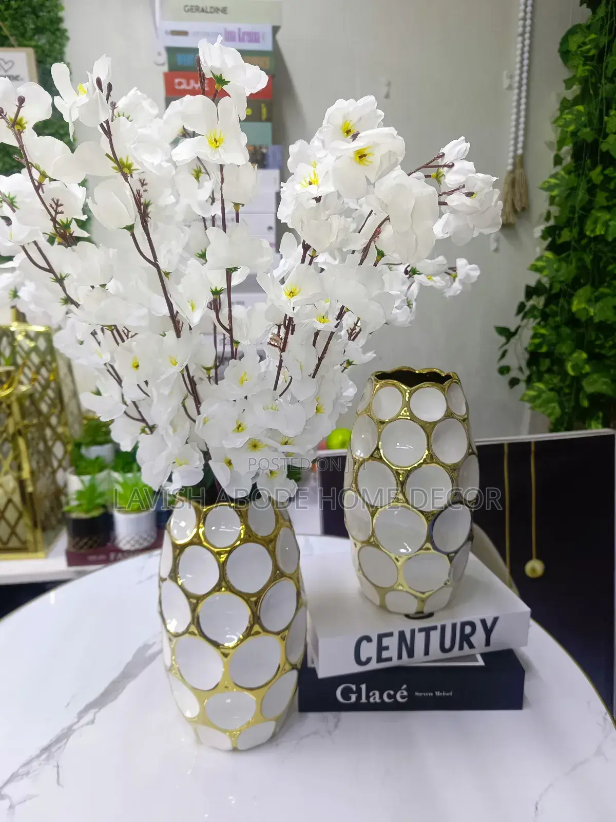 Large White Gold Stylish Flower Vase for Home N Office Decor