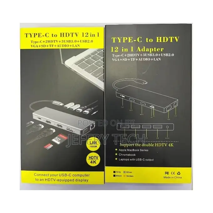 12 in 1 Usb Type C Hub Type-C to 2 Hdmi Vga Adapter Rj45