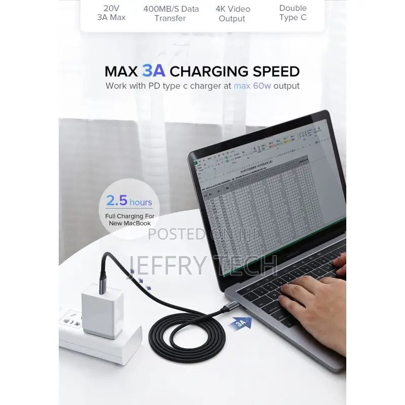 Ugreen Usb-C 3.1 Gen1 Male to Male Cable at 60hz, 60w, 1.5m