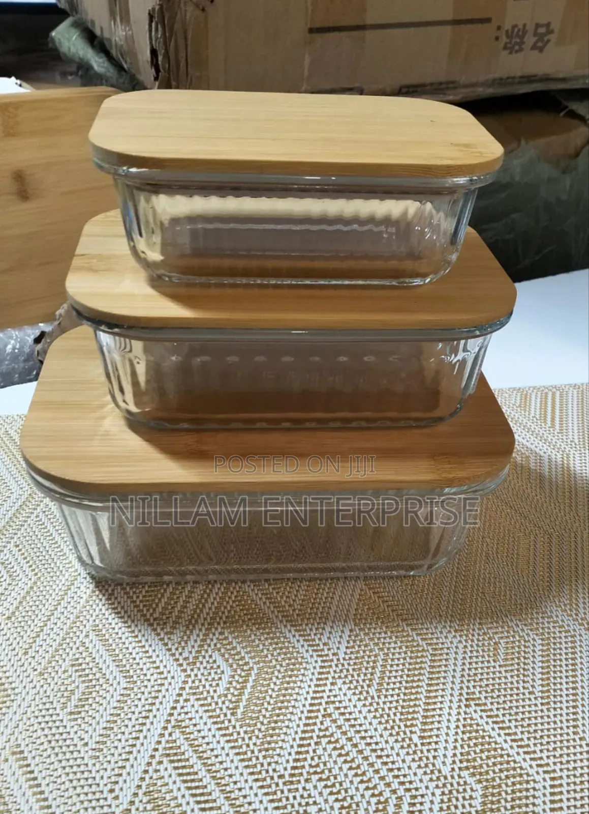Ribbed Glass Food Storage Containers With Bamboo Lid 3pc