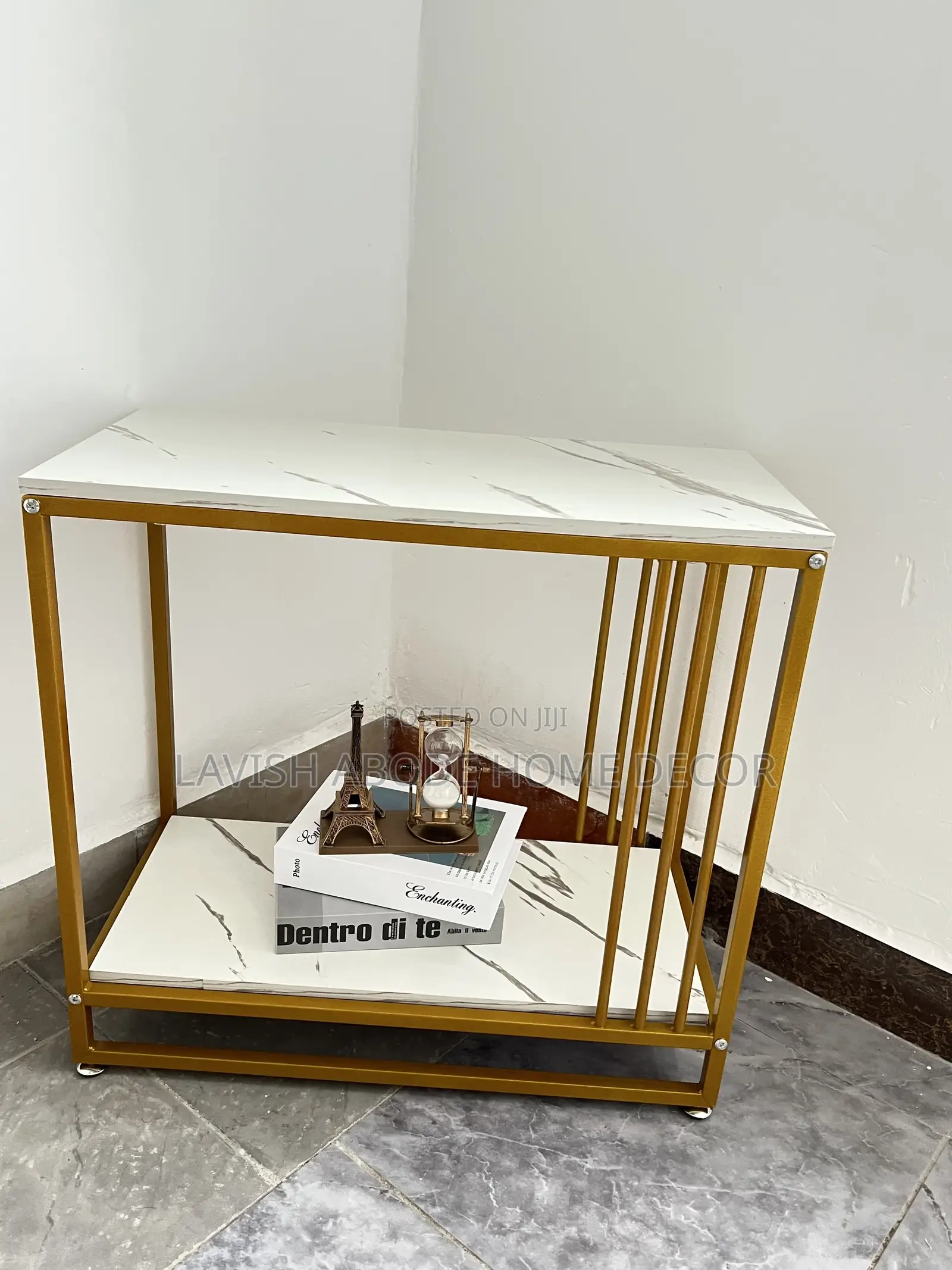 Nordic Rectangular Side Table Gold With White Marble Effect