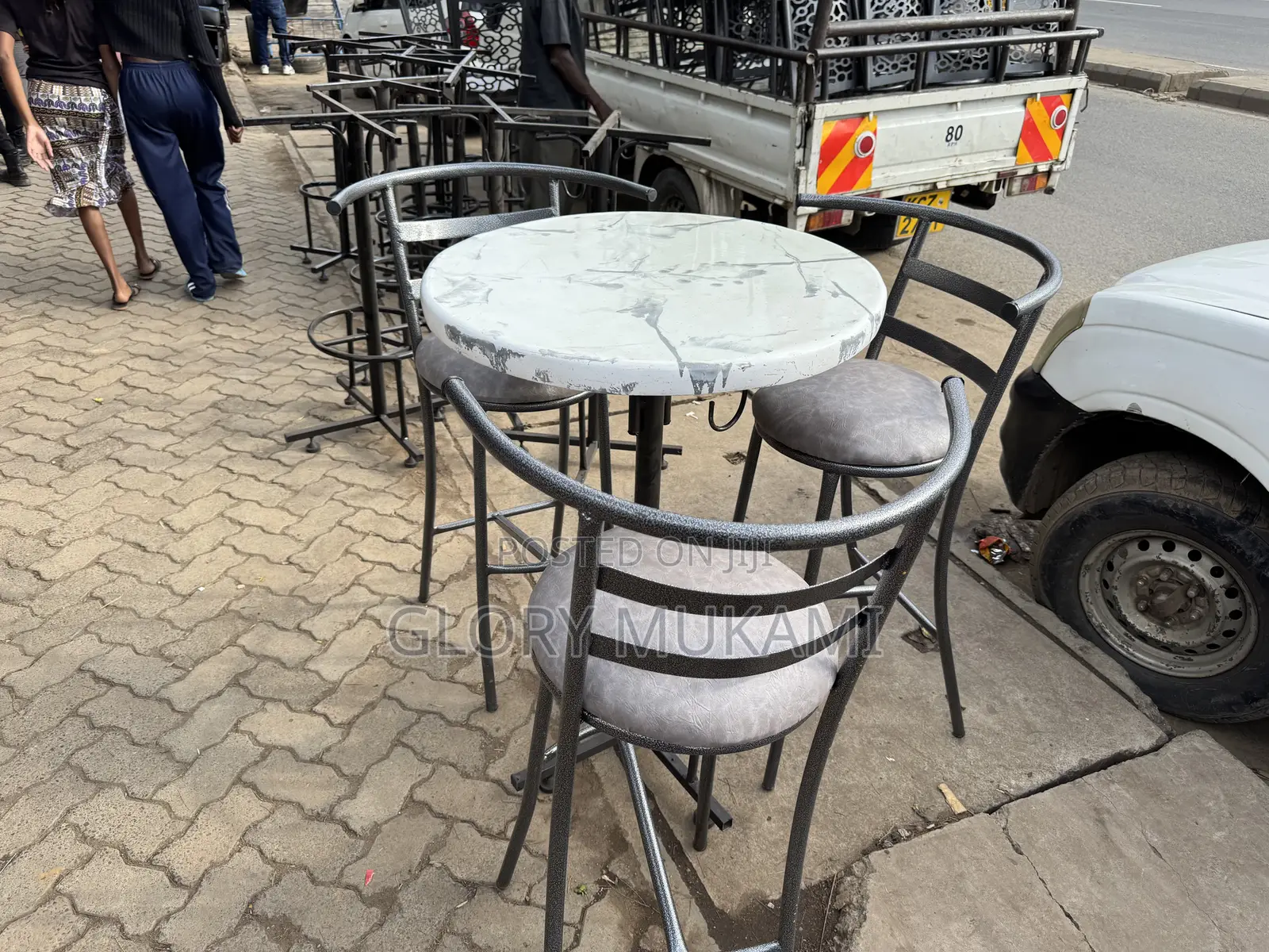 Grey Coated Restaurant Chairs And Round High Table