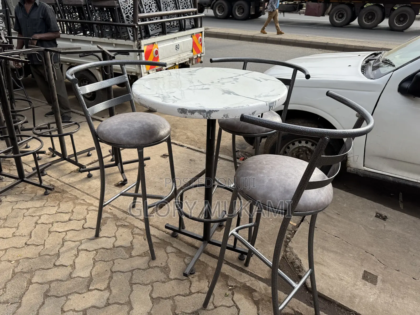 Grey Coated Restaurant Chairs And Round High Table