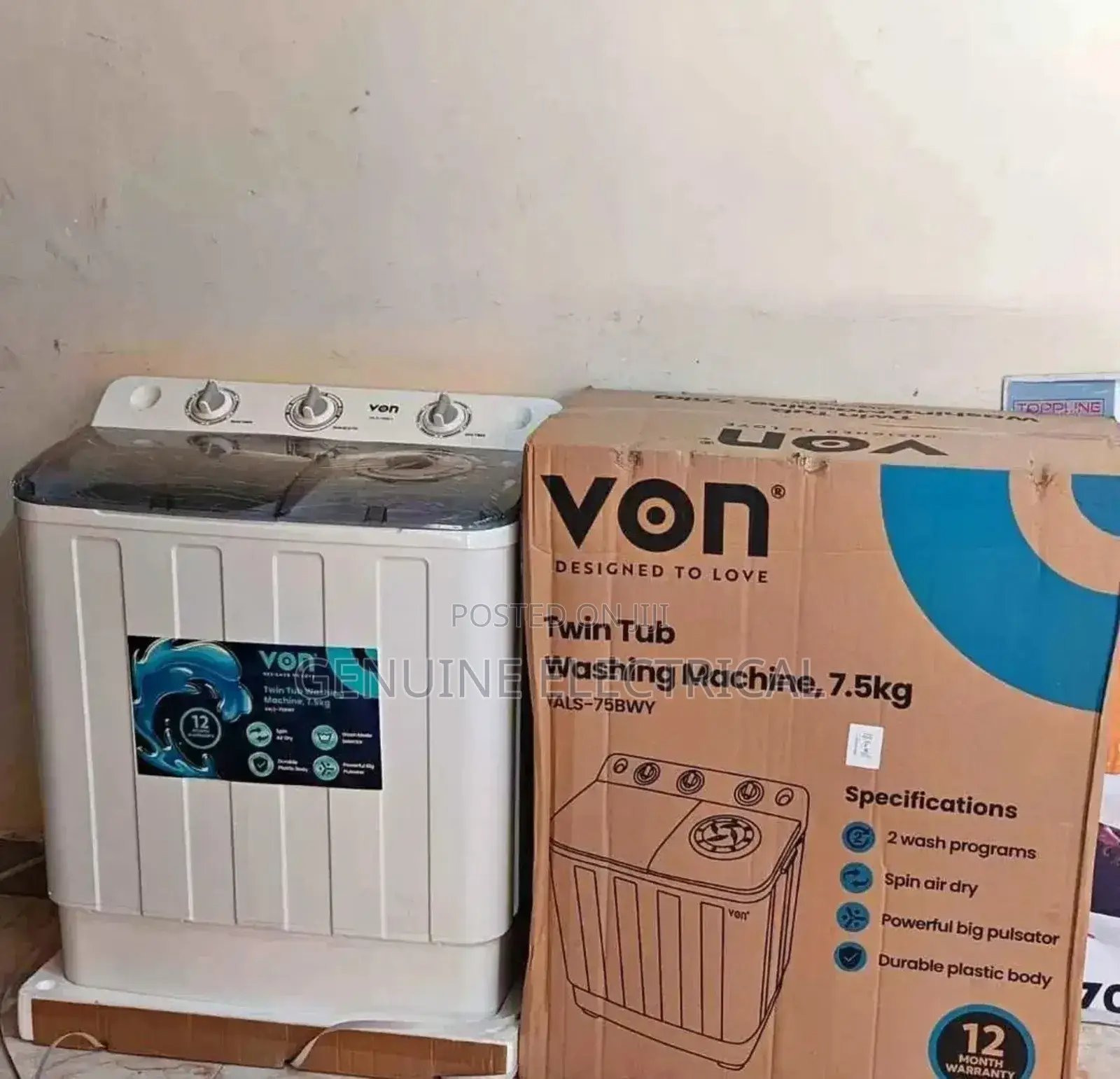 Von 7.5 Double Tub Semi Automatic Washing Machine Von/Mw-7.5