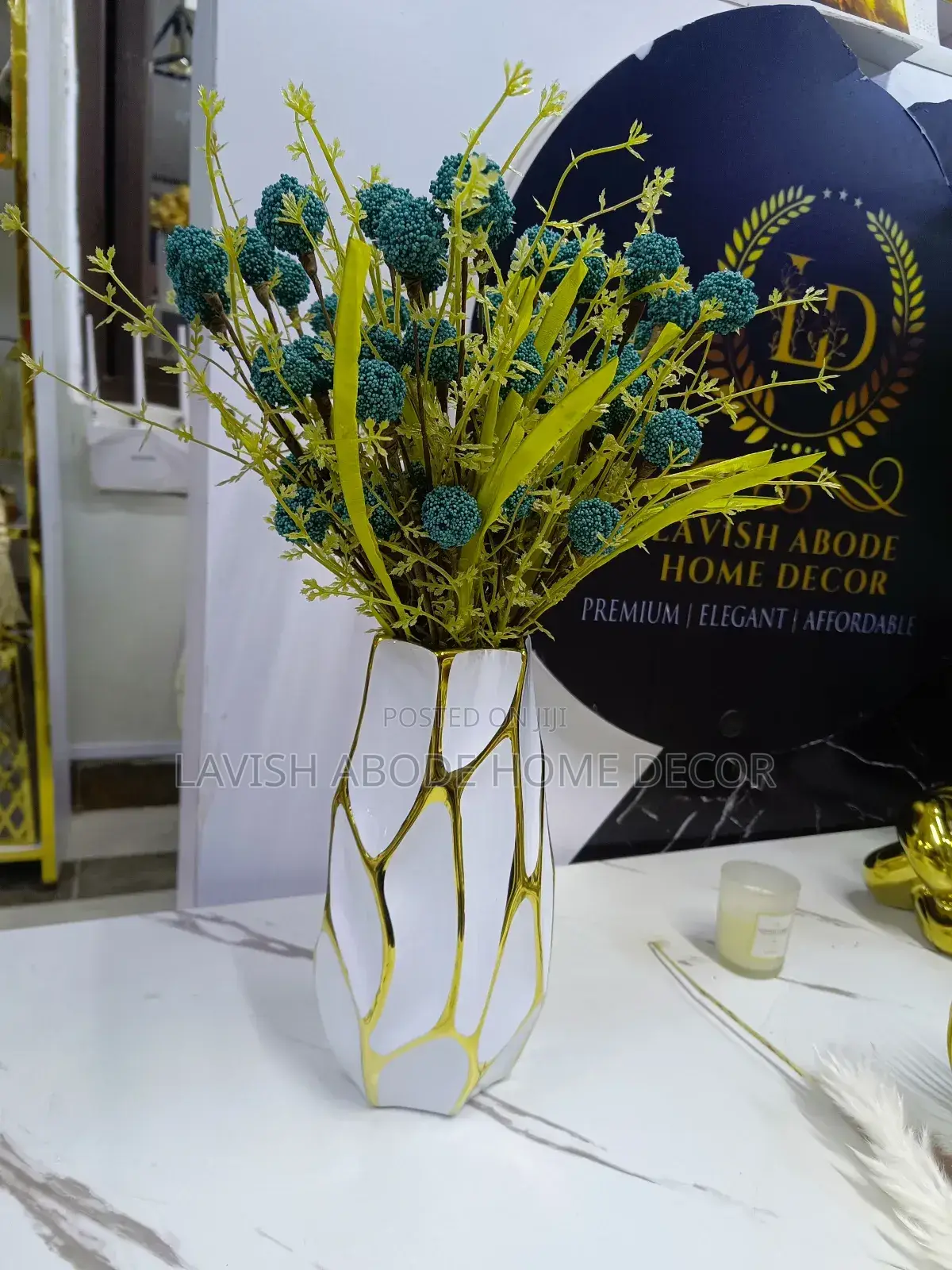 Large Ceramic Flower Vase White and Gold Gift Idea