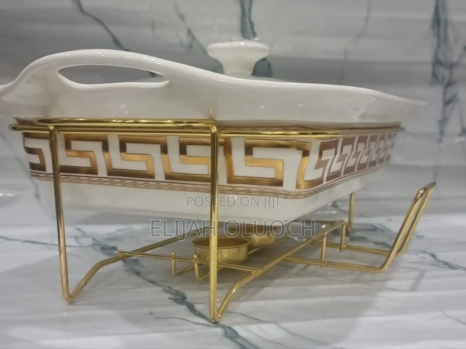 Ceramic Round Chaffing Dish + Burner and Golden Stand