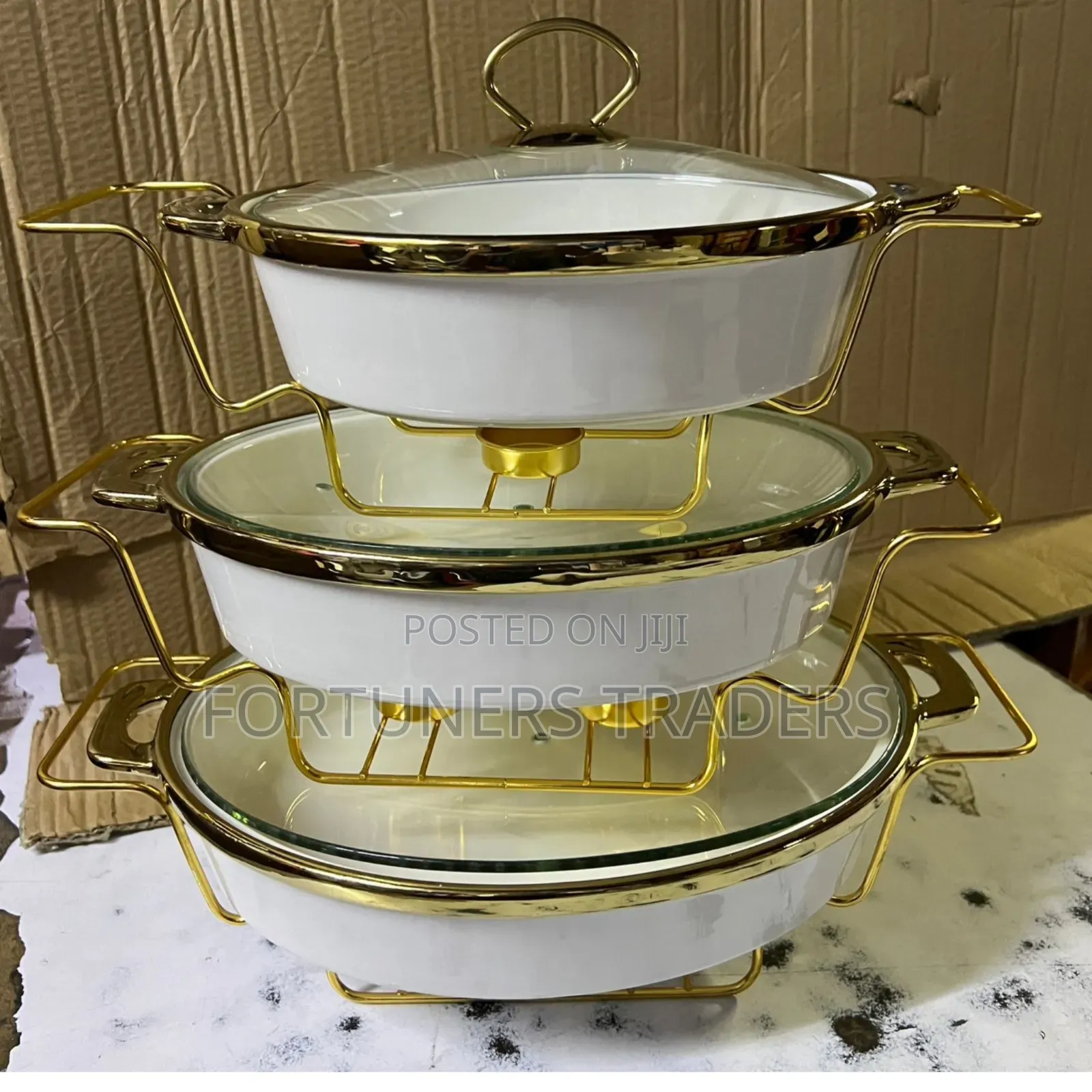 Set of 3 Oval Gold White Ceramic Chaffing Dishes