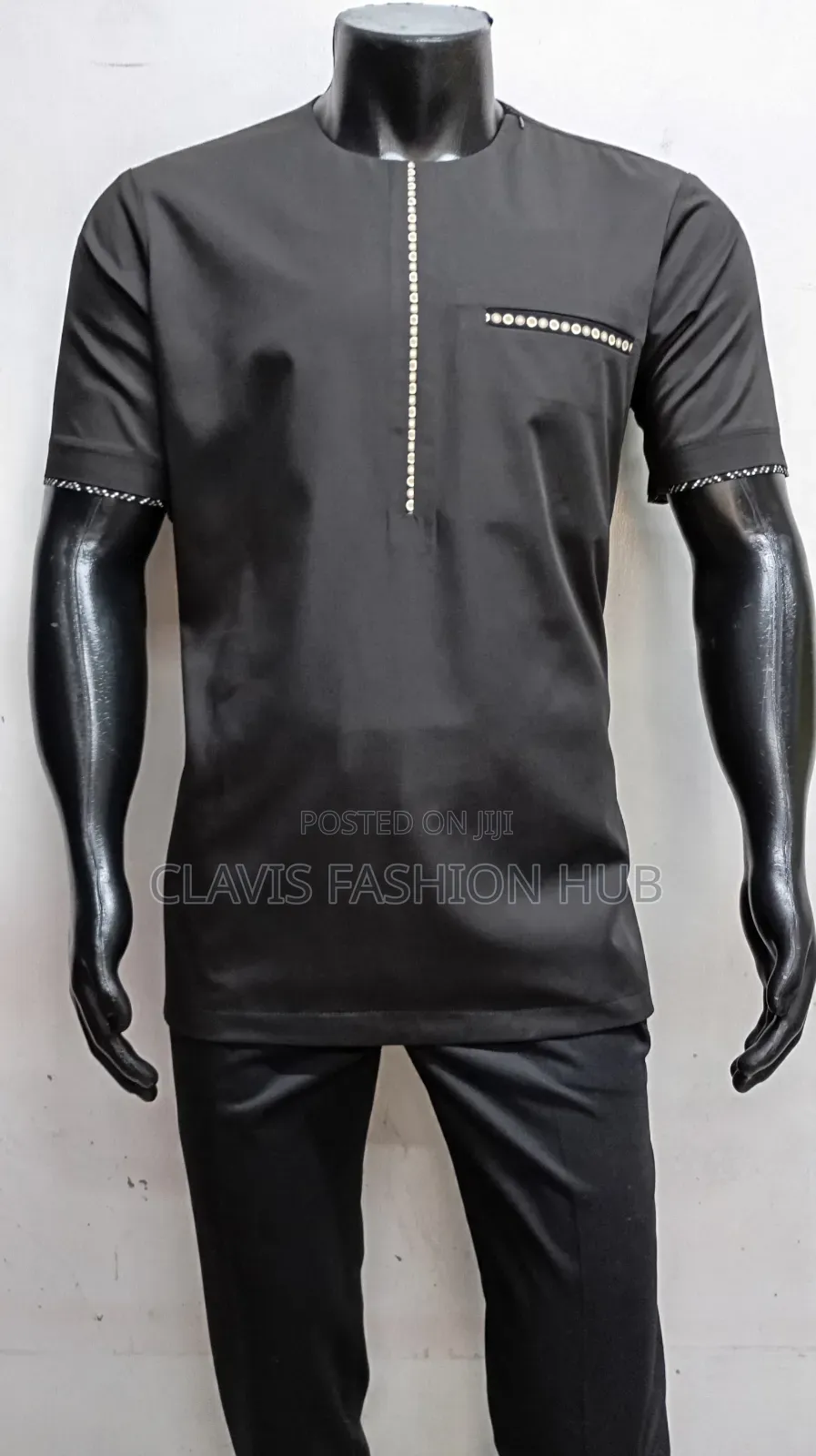 Black Short Sleeved Ankara Men Shirt