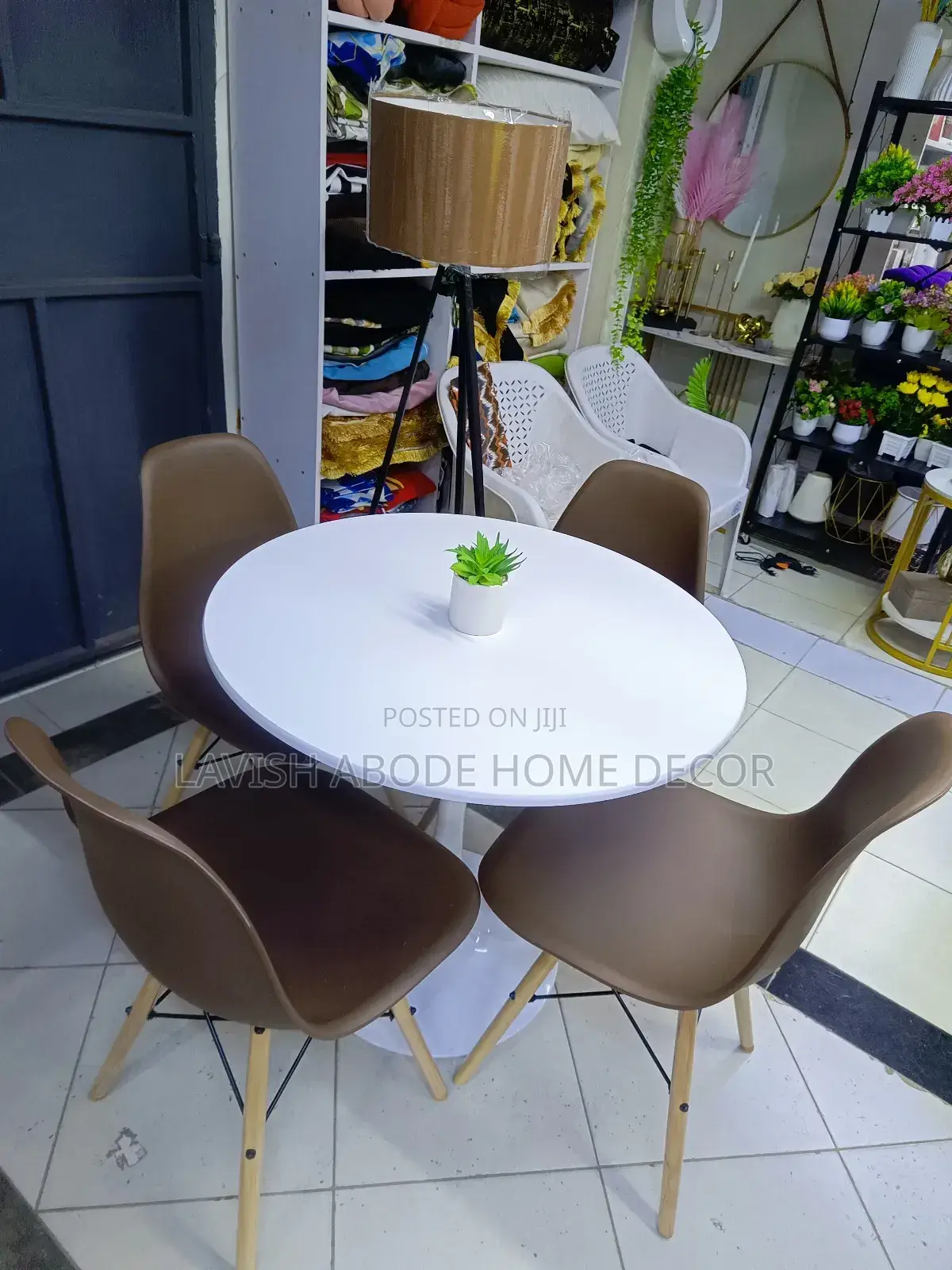Round White and Brown Dining Table Set With 4 Chairs