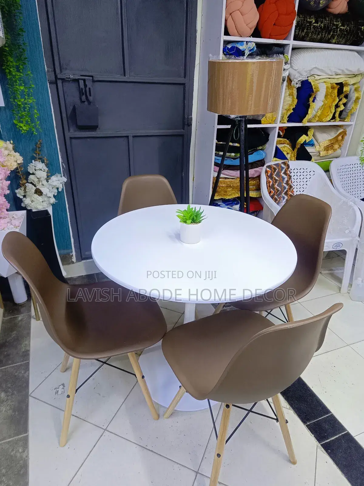 Round White and Brown Dining Table Set With 4 Chairs