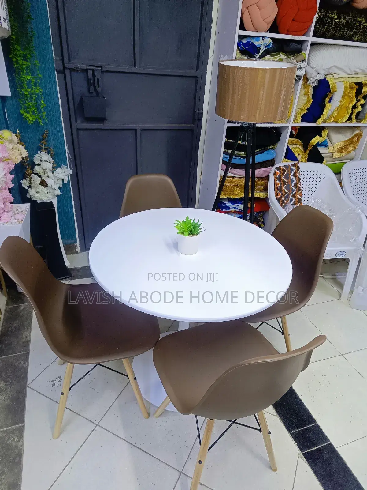 Round White and Brown Dining Table Set With 4 Chairs