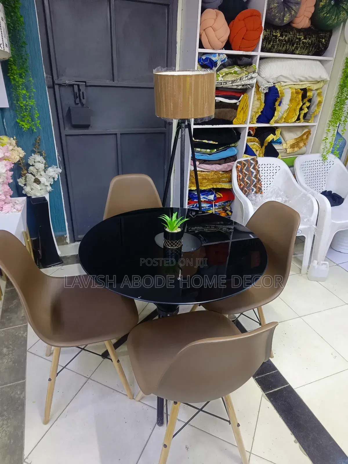 Black Round Glass Table With Brown Chairs Dining Table