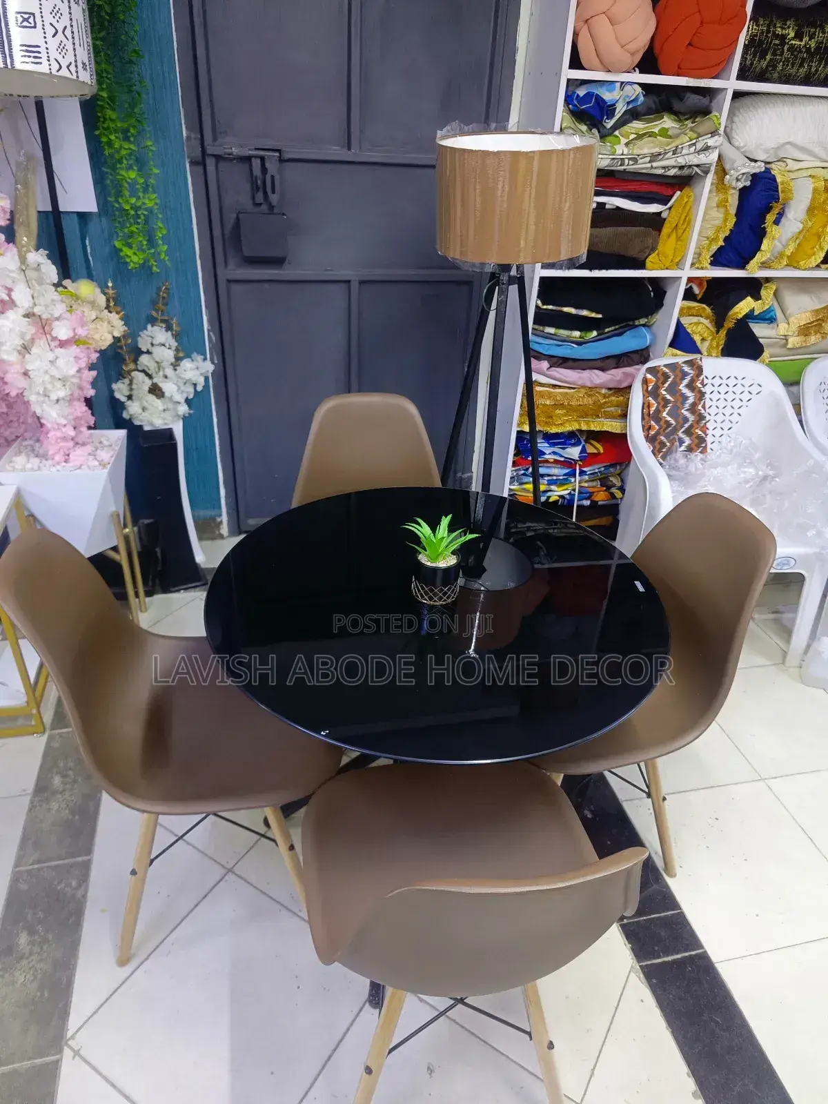 Black Round Glass Table With Brown Chairs Dining Table